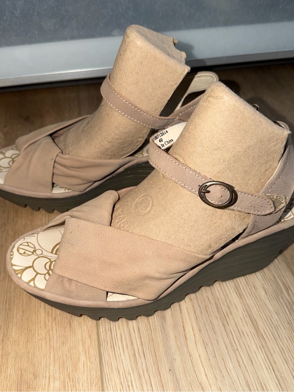 Fly London Yesh Neutral Tan Wedge Sandals with Adjustable Ankle Strap